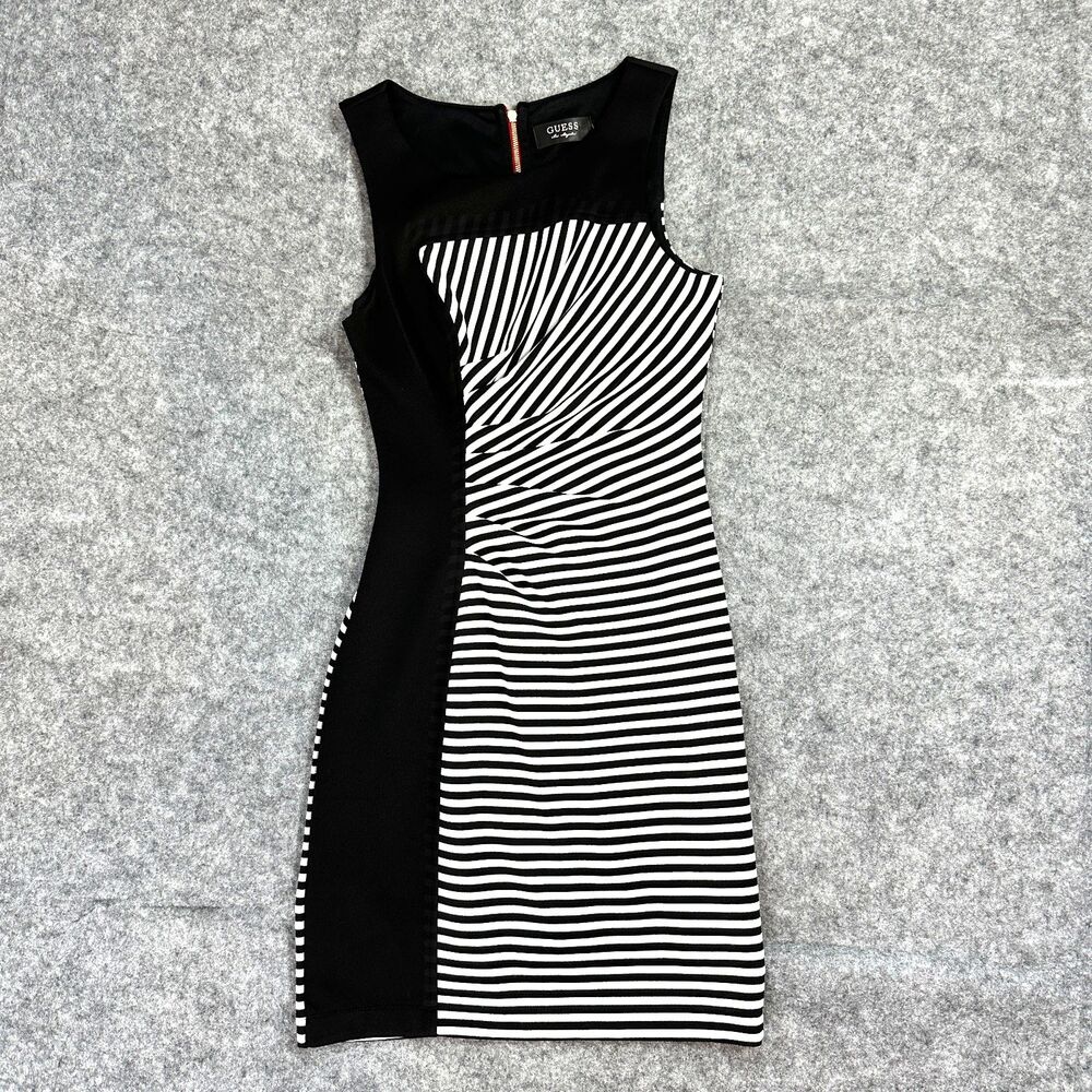 GUESS Los Angeles Striped Bodycon Dress Sleeveless Black White Ruched Red Zipper